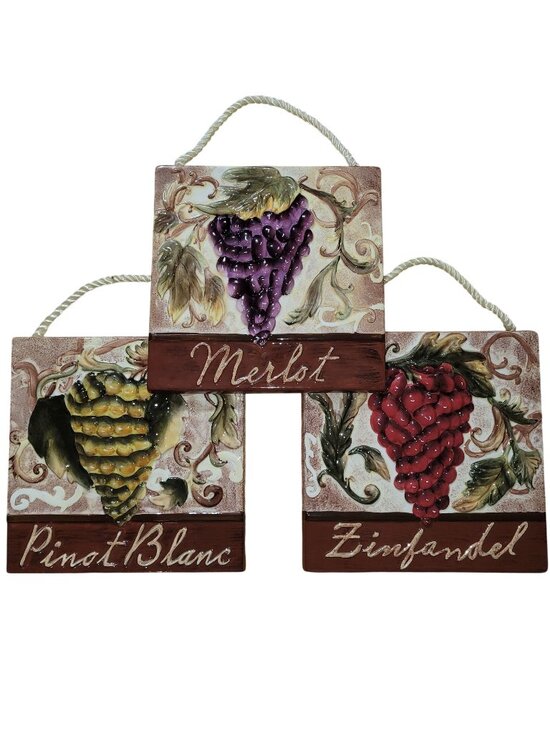 Other - Farmhouse Kitchen Decor Wine Tiles Set/3 Tuscan Grape Plaques Hanging Art 6x6